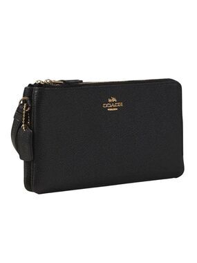 COACH DOUBLE ZIP WALLET IN POLISHED PEBBLE LEATHER BLACK WITH CARD SLOTS NEW!